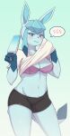  absurd_res anthro blue_body blue_eyes blush bodily_fluids bottomwear bra breasts cleavage clothed clothing curvy_figure eeveelution female food glaceon hi_res holding_food holding_object looking_at_viewer midriff navel nintendo pok&eacute;mon pok&eacute;mon_(species) popsicle portrait shano_541 shirt shorts simple_background solo standing sweat t-shirt three-quarter_portrait topwear underwear undressing video_games wide_hips 