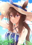  admire_vega_(umamusume) alternate_costume animal_ears blush breasts brown_hair cleavage cloud cosplay dress hat highres horse_ears horse_girl leaf long_hair looking_at_viewer medium_hair mejiro_dober_(vacation_safir)_(umamusume) mejiro_dober_(vacation_safir)_(umamusume)_(cosplay) ponytail portrait rrtp sky straw_hat umamusume 