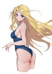  1girl ass blonde_hair blue_eyes blue_swimsuit blush breasts highres long_hair looking_at_viewer looking_back medium_breasts one-piece_swimsuit paradox_(parapa) shadow sideboob smile swimsuit white_background 