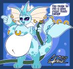  2022 3_toes 4_fingers anthro anthrofied barefoot belly big_belly big_breasts biped black_eyes blue_background blue_body breasts curvy_figure dated digital_drawing_(artwork) digital_media_(artwork) ear_piercing ear_ring eeveelution featureless_breasts feet female fingers furgonomics furry-specific_piercing ghostlyfoxy happy hi_res hose hose_inflation inflation looking_at_viewer markings navel navel_piercing nintendo nipple_piercing nipples nude open_mouth piercing pok&eacute;mon pok&eacute;mon_(species) portrait ring_piercing signature simple_background simple_coloring solo speech_bubble tail_piercing text thick_thighs toes vaporeon video_games voluptuous wide_hips 