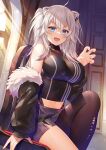  1girl :d ahoge animal_ears bangs black_jacket black_pantyhose black_shirt blue_eyes blush breasts claw_pose ear_piercing fur-trimmed_jacket fur_trim grey_hair hair_between_eyes hololive indoors jacket kibanda_gohan knee_up large_breasts lion_ears long_hair looking_at_viewer off_shoulder open_clothes open_jacket pantyhose piercing shirt shishiro_botan single_leg_pantyhose sitting sleeveless sleeveless_shirt smile solo torn_pantyhose virtual_youtuber 