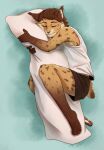  2022 5_fingers aidan_(sryer) anthro cheek_tuft clothed clothing digital_media_(artwork) ear_tuft eurasian_lynx facial_tuft felid feline fingers fur hi_res hugging_pillow lynx male mammal novikjpg simple_background sleeping smile solo tan_body tan_fur tuft underwear 