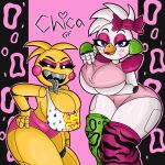  1:1 animatronic anthro avian big_breasts bird bomba_world12 breasts chicken clothed clothing clothing_lift duo ear_piercing ear_ring female five_nights_at_freddy&#039;s five_nights_at_freddy&#039;s:_security_breach five_nights_at_freddy&#039;s_2 galliform gallus_(genus) glamrock_chica_(fnaf) hi_res leggings legwear machine metal_teeth metal_tongue phasianid piercing ring_piercing robot scottgames shirt shirt_lift short_stack thick_thighs topwear toy_chica_(fnaf) video_games white_body yellow_body 