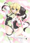  1girl akatsuki_kirika bangs black_hair blonde_hair blunt_bangs blush breasts covered_navel elbow_gloves gloves green_eyes green_leotard highres leotard long_hair medium_breasts open_mouth pink_eyes senki_zesshou_symphogear shiny shiny_hair shiny_skin short_hair shumashi skin_tight small_breasts smile standing striped striped_thighhighs thighhighs tsukuyomi_shirabe twintails yuri 