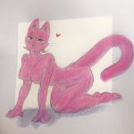  &lt;3 all_fours anthro arched_back bagi_the_monster_of_mighty_nature blush breasts claws cougar featureless_breasts felid feline female fur hair hi_res looking_at_viewer mammal miscanthus nude osamu_tezuka pink_body pink_fur plantigrade rounded_ears shadow short_hair simple_background solo 