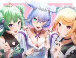  3girls aqua_eyes aqua_nails bangs black_leotard blonde_hair blue_nails bow breasts bright_pupils cleavage cleavage_cutout clothing_cutout collarbone crown double_bun eden_(edenaldojj) elira_pendora fairy fangs finana_ryugu fish_girl fur_trim green_hair green_nails hair_bun hair_ornament hair_over_one_eye halterneck head_fins head_wings highres japanese_clothes kimono large_bow lazulight leotard long_bangs long_hair looking_at_viewer maid maid_headdress medium_breasts multicolored_eyes multiple_girls nijisanji nijisanji_en obi off_shoulder official_alternate_costume one_eye_closed open_mouth pink_background pomu_rainpuff purple_eyes red_eyes sash slit_pupils small_breasts smile swept_bangs swimsuit tiara tsurime upper_body virtual_youtuber x_hair_ornament 