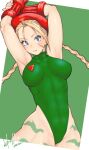  1girl ahoge beret blonde_hair blue_eyes bodypaint braid breasts cammy_white commentary_request cowboy_shot fingerless_gloves gloves green_leotard hat highleg highleg_leotard hori_shin huge_ahoge leotard long_hair medium_breasts red_gloves scar scar_on_cheek scar_on_face solo street_fighter street_fighter_ii_(series) twin_braids 