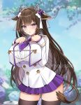  animal_ears azur_lane bangs black_thighhighs blunt_bangs blush bow breasts brown_hair buttons commission cow_ears cow_horns cow_tail cowboy_shot double-breasted hair_between_eyes hair_bow hand_on_own_chest highres horns jacket jirafuru kashino_(azur_lane) large_breasts long_hair long_sleeves looking_at_viewer military military_uniform necktie outdoors parted_lips pleated_skirt purple_bow purple_eyes purple_necktie purple_skirt skirt tail thighhighs uniform white_bow white_jacket 