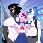  1:1 2022 anthro anthrofied backpack beard belt black_hair blue_eyes blue_hair bottomwear bow_tie clothing digital_media_(artwork) equid equine eyelashes facial_hair female friendship_is_magic grey_body group hair hallway hasbro hi_res horn king_sombra_(mlp) lidded_eyes male mammal multicolored_hair my_little_pony pink_body princess_cadance_(mlp) purple_eyes red_eyes ribbons school_uniform shallowwin shining_armor_(mlp) skirt trio unicorn uniform white_body winged_unicorn wings 