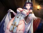  1girl :o asmr bangs between_breasts black_hair blue_dress blue_eyes blunt_bangs blush bow breasts cleavage clothes_lift cross_print curtains detached_collar dress dress_lift dutch_angle elbow_gloves garter_straps gloves hair_bow hanging_lantern highres indoors kai_(ootamuno12) lace-trimmed_legwear lace_trim large_breasts looking_at_viewer looking_down original pelvic_curtain solo thighhighs two-tone_dress white_bow white_dress white_gloves white_thighhighs window wooden_ceiling 