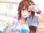  1girl blue_eyes bottle bra_strap breasts brown_hair casual cleavage hair_ornament hairclip highres hololive long_hair open_mouth pikouros4869 shirt solo sweat t-shirt tokino_sora upper_body virtual_youtuber water_bottle wet wet_clothes wet_shirt wristband 