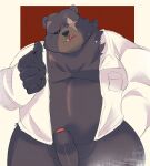  2022 absurd_res anthro belly ben_(zenless_zone_zero) big_belly black_nose clothed clothing erection genitals hi_res humanoid_genitalia humanoid_hands humanoid_penis kemono male mammal mihoyo open_clothing open_shirt open_topwear overweight overweight_male penis saheul_s scar shirt solo tongue tongue_out topwear ursid video_games zenless_zone_zero 