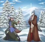  anthro beastars brown_body brown_fur canid canine canis clothed clothing duo female fighting_pose fur grey_body grey_fur hi_res holding_object holding_weapon juno_(beastars) kironzen legoshi_(beastars) lightsaber looking_at_viewer male mammal melee_weapon outside plant pose snow standing star_wars tree weapon wolf 