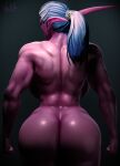  3d_(artwork) absurd_res back_boob back_muscles big_breasts big_butt blizzard_entertainment breasts butt butt_cleavage digital_media_(artwork) elf female hair hi_res huge_breasts huge_butt humanoid humanoid_pointy_ears long_ears muscular muscular_female night_elf ponytail purple_body rear_view small_waist solo vanasmuttin video_games warcraft white_hair wide_hips 