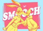  &lt;3 2021 absurd_res anatid anseriform anthro avian bird blush bottomwear bugs_bunny clothed clothing crop_top crossdressing daffy_duck digital_drawing_(artwork) digital_media_(artwork) duck duo english_text gloves handwear hi_res hoodie kissing_cheek lagomorph leporid looney_tunes male male/male mammal mgeekingout rabbit shirt skirt standing text topwear warner_brothers whiskers 