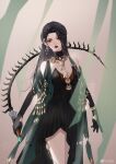  1girl absurdres bare_legs black_dress black_gloves black_hair character_request closed_mouth detached_collar detached_sleeves dress earrings gloves hair_ornament hair_over_one_eye highres jewelry long_hair necklace reverse_grip shi_li solo upper_body whip yi_meng_jianghu 