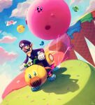  1boy black_overalls blue_sky dragoon_(kirby) facial_hair highres ice_cream_cone kirby kirby&#039;s_dream_buffet kirby_(series) kirby_air_ride mario_kart mustache overalls pointy_ears purple_headwear purple_shirt scared shirt sky smile sprinkles suyasuyabi twitter_username waluigi 