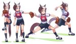  1girl :c animal_ears ball baseball baseball_mitt black_shorts black_socks breasts brown_hair clenched_hand clenched_teeth ear_piercing high_heels highres holding holding_ball horse_ears horse_girl horse_tail kneehighs large_breasts looking_afar mejiro_ryan_(umamusume) motion_blur multicolored_hair multiple_views navel nishiki_kazue open_mouth piercing pitching purple_eyes race_bib sequential shirt shoes short_hair short_sleeves shorts sneakers socks standing standing_on_one_leg tail teeth two-tone_hair umamusume v-shaped_eyebrows white_background white_hair white_shirt 