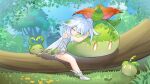  1girl closed_eyes closed_mouth derlyt dress elf feet forest genshin_impact highres hug nahida_(genshin_impact) nature outdoors pointy_ears sleeping slime_(genshin_impact) tree white_hair 