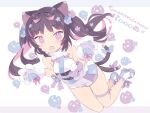  1girl :d animal_ears animal_hands bare_shoulders black_hair blade_(galaxist) blue_flower breasts cat_ears cat_girl cat_tail commentary_request congratulations fang flower full_body fur-trimmed_gloves fur_trim gloves hair_flower hair_ornament long_hair looking_at_viewer milestone_celebration multicolored_hair multiple_tails nekoyama_nae paw_gloves pink_hair pleated_skirt purple_flower red_eyes shoes short_eyebrows skirt small_breasts smile socks solo tail thick_eyebrows toranoana twintails two-tone_hair two_tails virtual_youtuber white_footwear white_gloves white_skirt white_socks 