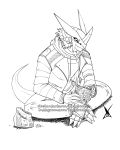  2020 absurd_res anthro armor bandai_namco biped book bottomwear claws clothed clothing digimon digimon_(species) dinosaur food headgear helmet hi_res horn jacket ladybeelze male monochrome pants reading reading_book reptile scalie shirt signature smile solo text toe_claws topwear url victorygreymon wargreymon 
