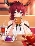  1girl bangs blue_eyes blush bracelet burger cup disposable_cup dress eating food french_fries hair_ribbon heterochromia holding holding_food hololive hololive_english horns irys_(hololive) jewelry long_hair looking_at_viewer multicolored_hair off-shoulder_dress off_shoulder pointy_ears purple_eyes purple_hair red_hair ribbon sauce sitting solo streaked_hair table virtual_youtuber 