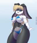  2022 4_fingers anthro big_breasts big_butt bikini black_body black_fur black_nose black_pupils blonde_hair blue_bikini blue_bikini_bottom blue_bikini_top blue_bottomwear blue_clothing blue_eyes blue_swimwear blue_topwear bottomwear breasts buckteeth butt clothed clothing female fingers front_view fur grey_inner_ear hair hi_res lagomorph leporid looking_at_viewer mammal mr-shin open_mouth open_smile pupils rabbit skimpy smile solo swimwear teeth thick_thighs topwear white_body white_fur wide_hips 