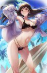  1girl arms_up ball bangs beach bikini black_bikini braid breasts brown_eyes brown_hair earrings gainoob highres jewelry kanojo_okarishimasu large_breasts long_hair mizuhara_chizuru navel open_clothes open_shirt solo surfboard swept_bangs swimsuit 