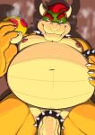  2022 accessory anthro armband barazoku belly big_belly big_muscles big_penis bowser brown_background claws cock_ring collar eyebrows front_view fungus genitals hair hand_on_stomach hi_res holding_object horn humanoid_genitalia humanoid_penis jewelry koopa looking_at_viewer low-angle_view male mario_bros moobs musclegut muscular muscular_anthro muscular_male mushroom narrowed_eyes navel nintendo nipples non-mammal_nipples nude overweight overweight_anthro overweight_male penis penis_accessory penis_base penis_jewelry power_up scalie shadow simple_background smile smoke solo spiked_armband spiked_cock_ring spiked_collar spikes standing teeth thick_penis vein video_games werewhisky 