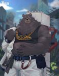  2022 anthro belly ben_(zenless_zone_zero) big_belly black_body black_nose bottomwear clothing detailed_background hi_res humanoid_hands k_csly kemono male mammal mihoyo musclegut outside overweight overweight_male pants scar shirt solo topwear ursid video_games weapon zenless_zone_zero 