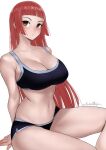  1girl absurdres bangs blunt_bangs breasts brown_eyes cleavage dismaiden dolphin_shorts highres large_breasts navel original parted_bangs red_hair short_shorts shorts signature solo sports_bra 