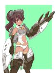  1girl 30_minutes_sisters akenoin_soumon animal_ears bangs bear_ears border breasts brown_eyes brown_hair clothing_cutout dark-skinned_female dark_skin fake_animal_ears green_background highres leotard luluce_(30ms) mecha_musume mechanical_arms mechanical_ears medium_hair outside_border ponytail small_breasts smile solo stomach_cutout white_border white_leotard 