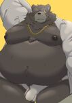  2022 anthro belly ben_(zenless_zone_zero) big_belly black_nose bodily_fluids bulge clothed clothing dragon_night800 genital_outline hi_res kemono male mammal mihoyo moobs navel nipples obese obese_male open_clothing open_shirt open_topwear overweight overweight_male penis_outline scar shirt simple_background solo sweat topwear underwear ursid video_games zenless_zone_zero 