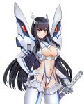  1girl armor bakuzan bangs black_hair blue_eyes blunt_bangs breasts cleavage cleavage_cutout clothing_cutout cowboy_shot gloves groin hand_on_hip headgear highres hime_cut holding holding_sword holding_weapon jirafuru kill_la_kill kiryuuin_satsuki light_blush long_hair medium_breasts navel pauldrons revealing_clothes shoulder_armor shoulder_pads sidelocks solo sword thighhighs weapon white_background white_gloves white_thighhighs 