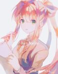  1girl bangs breasts character_name doki_doki_literature_club green_eyes grey_background hair_between_eyes hair_ribbon holding holding_paper holding_pen jacket long_hair long_sleeves looking_at_viewer maruta_maruta medium_breasts monika_(doki_doki_literature_club) neck_ribbon orange_hair paper parted_lips pen ponytail red_ribbon ribbon school_uniform shirt solo twitter_username upper_body white_ribbon white_shirt 