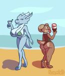  anthro beach beverage big_breasts big_butt bikini breasts butt charop_(nokamiwd) clothed clothing dessert digital_media_(artwork) duo female food hi_res holding_beverage holding_food holding_object horn huge_breasts huge_butt ice_cream kobold micro_bikini nokamiwd non-mammal_breasts one-piece_swimsuit piko_(simplifypm) pinup pose sand seaside short_stack simple_background skimpy smile swimwear thick_thighs wide_hips 