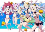  5girls :d :o adapted_costume alternate_costume animal_ears ankle_scrunchie anklet armpits arms_behind_back arms_up ayanami_(azur_lane) azur_lane bangs bare_shoulders barefoot bikini bird black_bikini black_choker black_hairband blonde_hair blue_bikini blue_eyes blue_sky blush bow bracelet breasts brown_eyes brown_hair chick choker cleavage cloud collarbone commentary_request cross cross_hair_ornament day double_v extra_ears fake_animal_ears flower frilled_bikini frills gotyou green_bow green_eyes groin hair_between_eyes hair_bow hair_flower hair_ornament hairband halterneck headgear high_ponytail highleg highleg_bikini hikimayu holding holding_innertube innertube iron_cross jacket javelin_(azur_lane) javelin_(beach_picnic!)_(azur_lane) jewelry laffey_(azur_lane) large_breasts layered_bikini long_hair looking_at_viewer manjuu_(azur_lane) medium_breasts medium_hair midriff multiple_girls navel necktie ocean off_shoulder official_alternate_costume open_mouth orange_eyes parachute ponytail purple_bikini purple_hair rabbit_ears rabbit_girl red_bikini red_eyes sandals scrunchie see-through see-through_jacket shimakaze_(azur_lane) short_hair sidelocks sky small_breasts smile swimsuit thigh_strap torpedo twintails v water_drop white_background white_bikini white_hair wide_ponytail yellow_innertube yellow_necktie z23_(azur_lane) 