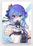  1girl absurdres bangs blue_eyes blue_hair border braid breasts cleavage cleavage_cutout clothing_cutout comiket_100 cover cover_page crown doujin_cover floating_hair grey_border highres holding holding_microphone hololive hoshimachi_suisei jacket juliet_sleeves long_hair long_sleeves looking_at_viewer microphone nemoto_yuuma puffy_sleeves side_braid small_breasts solo sparkling_eyes v-shaped_eyebrows virtual_youtuber white_jacket 