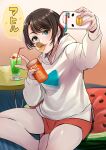  1girl bangs black_hair blue_eyes boxers chips cocktail cocktail_glass cup drink drinking_glass food food_print fruit highres hololive hood hoodie logo male_underwear oozora_subaru potato_chips pringle_duck selfie short_hair snack subaru_duck translation_request underwear v virtual_youtuber watermelon_print 