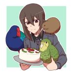  1girl animal animal_on_shoulder bangs bird brown_eyes brown_hair cake closed_mouth commentary_request cropped_torso dress_shirt food girls_und_panzer green_background grey_shirt holding holding_animal holding_bird holding_cake holding_food kakapo kiwi_(bird) kuromorimine_school_uniform long_sleeves looking_at_viewer nishizumi_maho outline outside_border parrot school_uniform shirt short_hair smile solo torinone upper_body white_outline wing_collar 