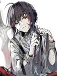 1other ahoge androgynous black_hair blood blood_in_hair blood_on_clothes blood_on_face blood_on_hands bracelet braid braided_ponytail braiding_hair carimarica fate/grand_order fate/samurai_remnant fate_(series) frown hair_intakes hairdressing japanese_clothes jewelry kimono necklace orange_eyes planted planted_sword sidelocks simple_background single_braid sword upper_body weapon white_background yamato_takeru_(fate) 