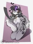 anthro breasts chest_tuft collar duskihorns felid female fluffy fluffy_tail front_view fur grey_body grey_fur hair happy heart_eyes heart_symbol hi_res highlights_(coloring) kneeling leash leashed_collar mammal nipples pantherine purple_eyes purple_hair smile snow_leopard solo tail tuft