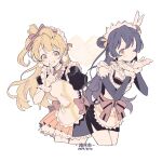 2girls apron blowing_kiss blue_hair blush bow brown_hair finger_to_mouth grin hair_bow heart highres long_hair looking_at_viewer love_live! love_live!_school_idol_project maid maid_apron maid_headdress minami_kotori minamip mogyutto_"love"_de_sekkin_chuu! multiple_girls one_eye_closed one_side_up ribbon simple_background single_hair_ring smile sonoda_umi white_background yellow_eyes 