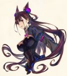  1girl absurdres black_hair breasts double_bun fate/grand_order fate_(series) frills highres juliet_sleeves kusano_shinta large_breasts long_hair long_sleeves looking_at_viewer murasaki_shikibu_(fate) puffy_sleeves purple_eyes side_ponytail simple_background solo upper_body white_background 