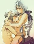  1girl abs between_breasts breasts chinki clothed_male_nude_female couple girl_on_top hair_ribbon hetero honne_dell hug incest long_hair medium_breasts muscle nude ponytail red_eyes ribbon sex shirtless short_hair silver_hair straddling upright_straddle very_long_hair vocaloid voyakiloid yowane_haku 