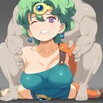  asymmetrical_clothes blue_leotard blush breasts circlet cleavage collarbone curly_hair dragon_quest dragon_quest_iv earrings forced green_hair heroine_(dq4) highres jewelry large_breasts leotard nora_higuma purple_eyes short_hair single_thighhigh solo_focus thighhighs 