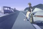  1girl baronilu billboard black_shirt black_socks blue_sky brown_hair building car commentary_request day exhaust_pipe from_side grey_shorts highres hill leaning_on_object medium_hair mixed-language_commentary motor_vehicle patterned_clothing r4:_ridge_racer_type_4 ridge_racer road road_sign scenery shirt shoes short_shorts short_sleeves shorts side-view_mirror sign signature sky sneakers socks solo thighs traffic_barrier white_car white_footwear yellow_eyes 