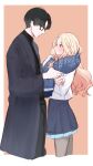  1boy 1girl adjusting_scarf black-framed_eyewear black_coat black_hair blonde_hair blue_overskirt blue_scarf blue_skirt blush border coat commentary_request cropped_legs facing_another gakuen_idolmaster glasses grey_pantyhose hatsuboshi_gakuen_school_uniform hetero highres idolmaster jacket juo_sena kasasagi_(futagodori888) nose_blush pantyhose producer_(idolmaster) scarf school_uniform simple_background skirt white_border white_jacket 