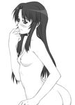  ass blush breasts greyscale kashiwagi_chizuru kizuato long_hair medium_breasts monochrome nude shichimenchou simple_background solo 