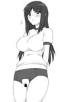  blush breasts buruma censored greyscale gym_uniform impossible_clothes impossible_shirt kurusugawa_ayaka large_breasts long_hair monochrome pussy shichimenchou shirt simple_background solo to_heart 